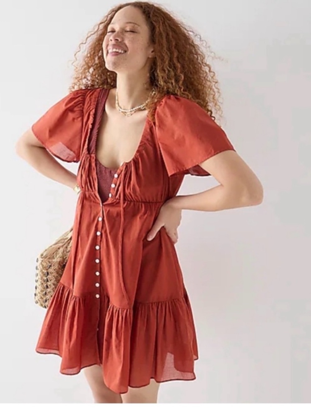J Crew Cotton Voile Tiered Button-Down Beach Dress Wildfire Size Medium